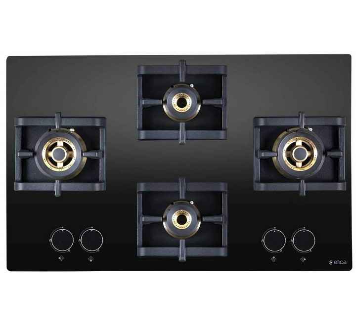 Elica Stainless Steel Hob 4 Burner Auto Ignition Glass Top - 2 Mini Triple Ring and 2 Double Ring Brass Burner Black (FLEXIPROFB 4B 70MTDX)